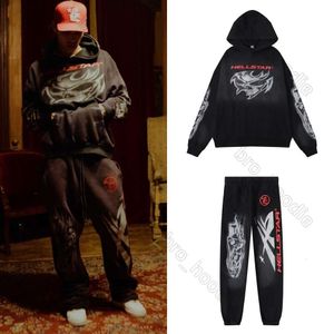 Tute da uomo Hellstar Airbrushed Skull Streetwear Synaworld Y2k Felpa con cappuccio Stampa teschio Fango Stampa Lavata Vecchia felpa con cappuccio Set Abbigliamento sportivo 632