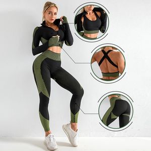 Yoga Kıyafetler 2/3pcs Dikişsiz Kadın Yoga Set Egzersiz Spor Giyim Giyim Giysileri Fitness Uzun Kollu Mahsul Top Yüksek Bel Tayt Spor Suitleri 230820