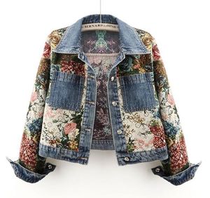 L6068 designer jacket women long sleeve Lapel Neck Floral vintage jeans jackets denim womens coat