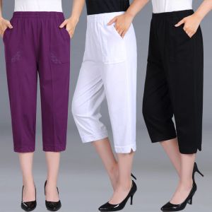 Capris 2023 Summer Women's Capris Pants Women Plus Size 4XLルーズカジュアルエラスティックウエストミドルパンツ女性ピュアコットン服