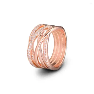 Cluster Rings Authentic 925 Sterling Silver Rose Gold Sparkling & Polished Lines For Women Wedding Party Jewelry Gift Wholesale