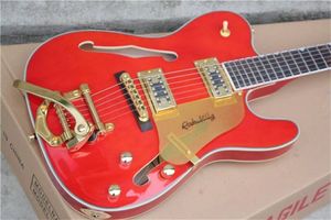 Factory Custom Shop Tastiera in palissandro con corpo semi cavo per chitarra elettrica Jazz rossa con hardware tremolo dorato