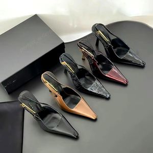 Y S New Leather Buckle Slingback Pumps Shoes Stiletto Heels Sandals 9.5cm 여성 고급 디자이너 드레스 스퀘어가 뾰족한 발가락 이브닝 신발 사무실 Whitedress Whitedress