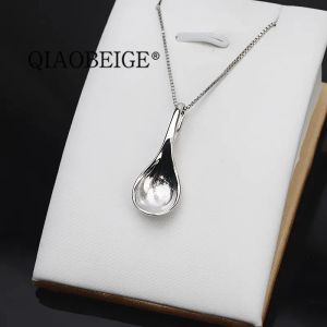 Pendants QIAOBEIGE spoon chinese style 925 pure silver white color pendant finding 121314mm round pearl bead accessory blanks