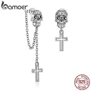 Earrings bamoer 2020 Authentic 925 Sterling Silver Skull with Cross Stud Earrings for Women Silver ear earring Jewelry BSE419