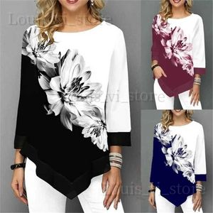 Women's T-Shirt Fashion Women New Spring Shirts Floral Print Irregular Hem Blouse Lace Patchwork Women Clothing Casual 3/4 Sleeve Shirt Oversize T240221