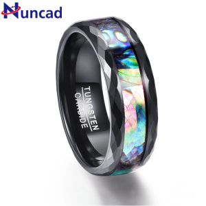 Band Nuncad 8mm Men's Abalone Shell Polished Black Facettered Tungsten Carbide Rings Wedding Bands Storlek 514