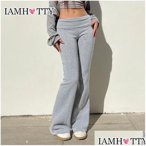 Women'S Pants & Capris Womens Pants Iamty Casual Basic Flared Grey Low Waist Stretch Boot But Joggers Sweatpants Yoga Sports Trousers Otqbo