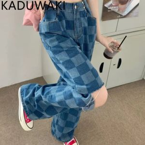 Dżinsy Y2K wysokiej talii Plaid Denim Pants Women Fashion Streetwear Graphic Buggy dżinsy dla kobiet High Street Kpop punk hipis