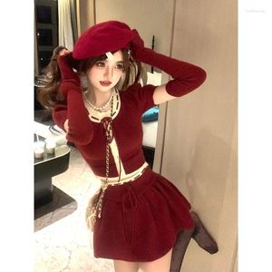 Work Dresses Christmas Red Cardigan 2024 Autumn Short Sweater Top Women Two Peice Sets Vintage Skirts Festival Outfit Sweet Club Clothes