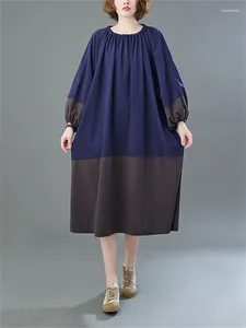 Повседневные платья 2024, весна-осень, оверсайз, хлопковое лоскутное винтажное платье для женщин, свободное длинное элегантное платье, офисная женская рабочая одежда