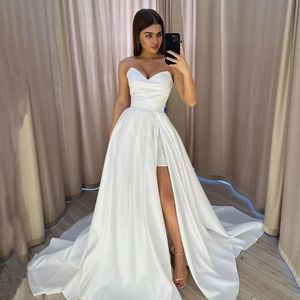 Basit bir çizgi gelinlik çıkarılabilir tren Tweetheart dantelli bölünmüş kadın gelin partisi önlükleri vestido de novia robe de mariage özel yapılmış