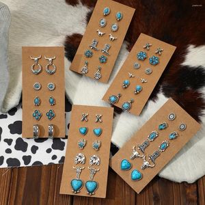 Stud Earrings 6 Pairs Vintage Western Cowboy Style Turquoise Bull Head Heart & Cactus Design Women's Set Jewelry Accessories