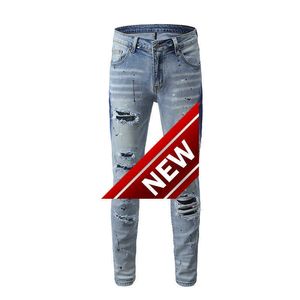 jeans strappati singoli azzurri da uomo con patch drill slim fit pantaloni attillati stile street