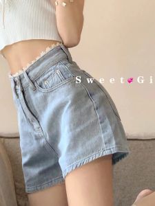 Jeans sommar spetsar hög midja knapp denim shorts kvinnor allmatch lös raka breda ben byxor koreanska streetwear blå het