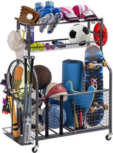 Garage Equipment Storage Organizer With Baskets And Hooks Easy To Assemble - Sports Ball Gear Rack Holds Basketballs, Baseball Bats