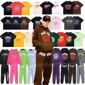 Sp5der kapüşonlu örümcek kapşonlu genç haydut 555555 erkek kapüşonlu bayan kapüşonlu köpük baskı örümcek ağı desen pembe sweatshirt y2k uzun pantolon