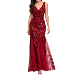 Casual Dresses Red Women Embroidered Beading Long Prom Dress Deep V Neck Sequin Evening Sexig Mesh Wedding Party Maxi Fishtail Robe