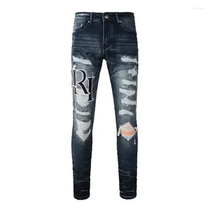 Men's Jeans Arrivals Blue Streetwear Style Embroidered Letters Patchwork Stretch Holes Slim Fit High Street Distressed Ripped