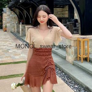 Women's Swimwear Short Sleeve One Piece Swimsuit Women Solid Color Skirt Monokini Ruffle Bathing Suit Push Up Pad Korea StyleH24221