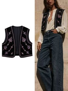 Waistcoats traf vintage Autumn Velvet broderi västja jackor kvinnor v nack ärmlös svart mode midja kvinnlig 2023 nya västtoppar