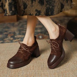 Klänningskor LESHION OF CHANMEB Natural Leather Chunky Heels Women Kid mocka Lace-Up Platform Square Toe Shoe Maillard Brown 40