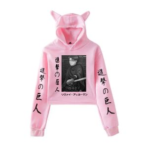 Bluzy mody kobiety przycięte z kapturem Pullover Anime Atak na Titan Levi Ackerman Hoodies Bluza Kot Ear Hip Hop Streetwear Sudadera