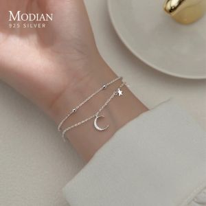 Bangles Modian Prata Luxo Dupla Camada Estrelas Lua Espumante Pulseira 925 Sterling Silver Chain Ajustável Pulseiras Para Mulheres Jóias