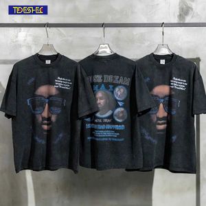Męskie koszulki Rock and Roll Mens Hip Hop T-shirt uliczny odzież Rap Star Portret T-shirt 2023 HARAJUKU Wash Krótkie rękaw Extra duża bawełniana koszulka J240221