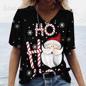 Kvinnors t-shirt Santa Claus Print T-shirt för kvinnor Jul HARAJUKU Kläder Fashion V-ringning Kort ärm toppar nyårsfest kvinnlig t-shirts t240221
