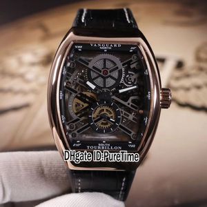 New Collection Vanguard V45 Rose Gold Black Inner Skeleton Dial Tourbillon Automatic Mens Watch Black Rubber Leather Watches Puret216C