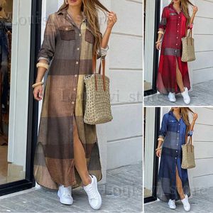 Abiti casual di base Moda femminile Abito lungo Donna Autunno Vintage Maniche lunghe Maxi Abito camicia 2021 Abiti scozzesi casual Abiti taglie forti Donna T240221