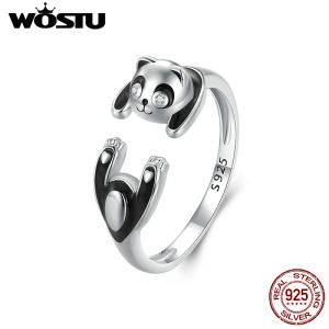 Anéis wostu 925 prata esterlina blackwhite panda aberto anéis femininos jóias originais bonito pandas chineses animal anel menina presente de aniversário