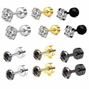 Jewelry wholesales cartilage ear stud flat back screw cz crystal men ear stud clear rainbow color men earrings body piercings