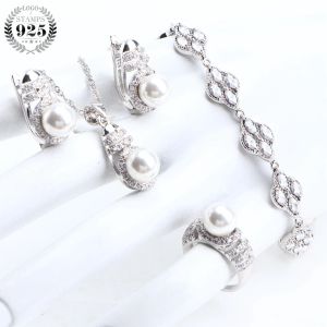 Uppsättningar lyxiga pärlor silver 925 brud smycken set kvinnor bröllop smycken vita cz hängen charms armband ringar örhängen halsbandsuppsättning