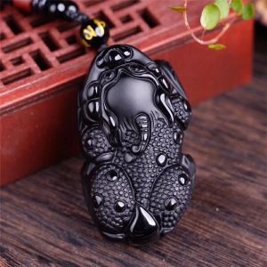 Hängen Natural Obsidian Hand Carved Pixiu Jade Pendant Fashion Boutique Jewelry Men's and Women's Golden Toad Halsband