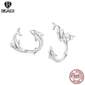 Orecchini BISAER 925 Sterling Silver Dolphin Orecchini a bottone staccabile Clip per orecchio placcato platino per donna Gioielleria raffinata EFE922