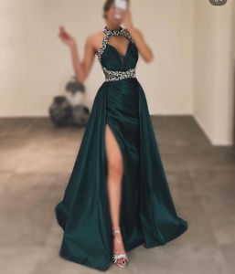 Sexy Dark Green A Line Plus Size Prom Dresses Long for Black Women Halter Jewel Neck High Side Split Floor Length Beaded Sequined Formal Wear Evening Birthday Gowns