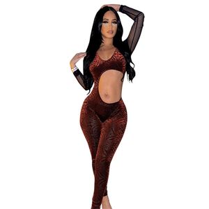 2024 Designer Mesh Jumpsuits Kobiety Spring Spring Long Rleeve Out Rompers Seksowne kombinezony See Through Leggins Night Club Wear Hurtowe Ubrania 10678