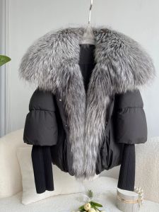 Fur ANNSIRGRA Winter Women Coat White Duck Down Jacket Super Large Real Silver Fox Fur Collar With Knit Sleeve Fashion Outerwear