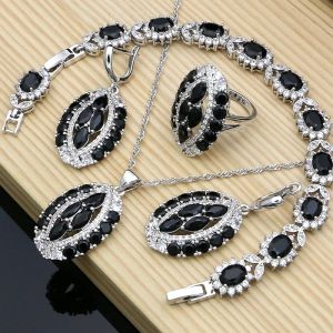 Uppsättningar vintage punk kvinnor 925 silver smycken uppsättningar svart sten hyperbole design örhängen mode kostym halsband uppsättningar dropshipping
