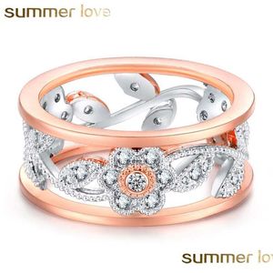 Anéis de cluster na moda luxuoso oco para fora anéis de flor para mulheres requintado sorte cz cristal folha anel europeu casamento jewe dhgarden dhxrt