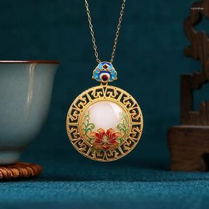 Pendant Necklaces Chinese Style Ancient Gold-Plated Non-Fading Imitation Hetian Jade Blooming Rich And Safe Round Necklace For Women