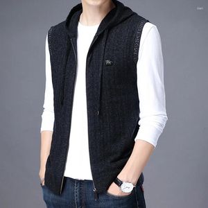 Camisolas masculinas de lã pura camisola colete outono e inverno com capuz sem mangas cardigan de malha vestindo colete engrossado