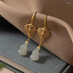 Brincos pendurados originais naturais uma jade para mulheres de alto nível antigo artesanato de ouro clássico ruyi cabaça eardrop joias de casamento presente