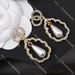 Classic Double Letter Studs Diamond Pearl Hoop Earrings Long Earrings Women Daily Outfit Jewelry