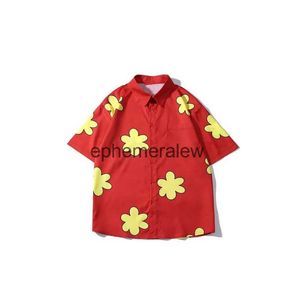 Men's Polos Mens Red Cartoon Flower Short Sleeve Shirt Hawaiian Vintage Japanese Beach Clothing Spring and Autumn Y2KH24222