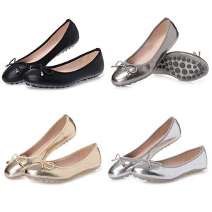 2024 Summer Women Shoes Low Heels Round Head Bow Knot Flat Bottom Bekväm andlig mamma Svart guldgrå stor storlek 36-41