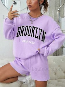 Hoodies للسيدات من النوع الثقيل بروكلين نيويورك طباعة نساء من النوع الثقيل من الأكمام الطويلة o-neck pullover عرضة هوديي مريحة أزياء أرجوانية ملابس أنثى T240222