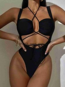 Brazylijska brazylijska stroje kąpielowe Kobiet Swimsuit Kobiety Black wycięty krzyż Bandage Push Up Summer Backless Bathing Suit Monokinih24222